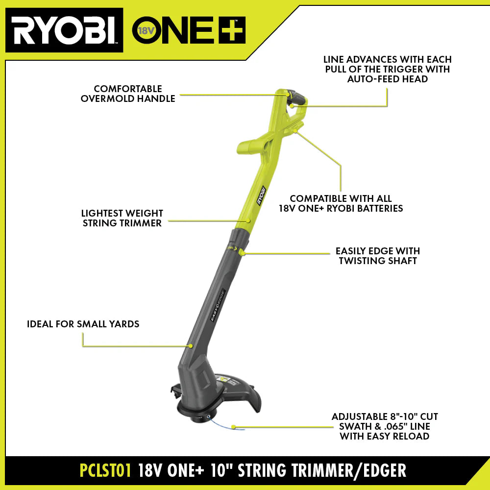 Open Box - RYOBI ONE+ 18V 10 In. Cordless Battery String Trimmer/Edger with 2.0 Ah Battery and Charger