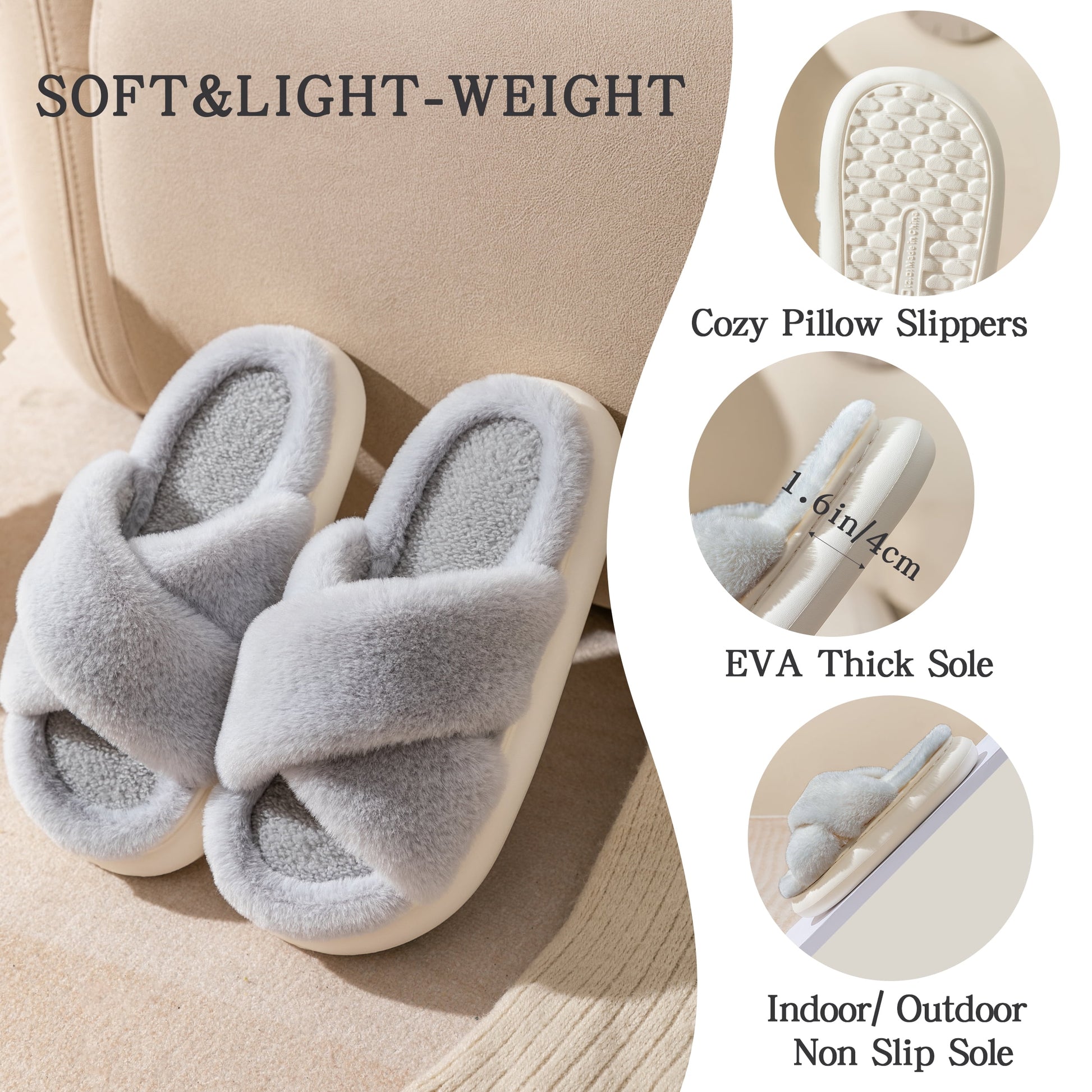 Slippers for Women Indoor, Women'S Fuzzy Slippers, Cross Band Slippers Indoor Outdoor Soft Open Toe Slippers, Gray