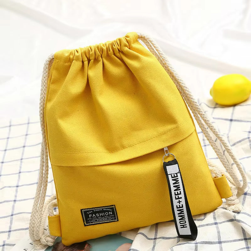 1 Pc Canvas School Bag Double Shoulder Drawstring Backpack Drawstring Pocket Portable Casual Backpack Women Men Travel Backpack