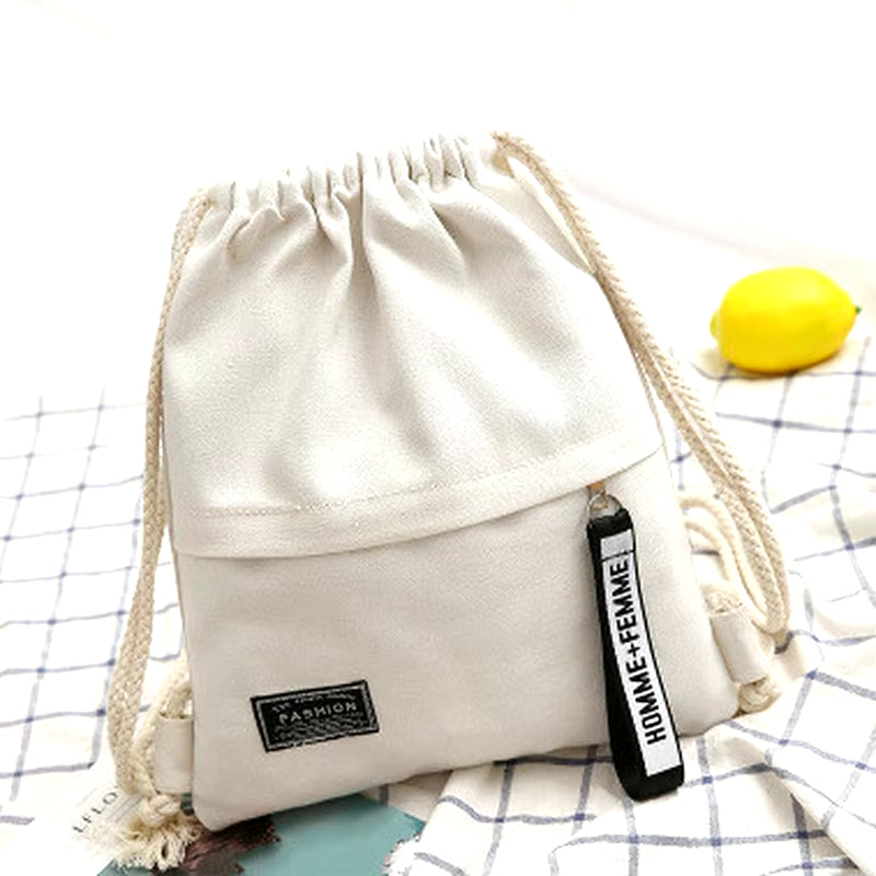 1 Pc Canvas School Bag Double Shoulder Drawstring Backpack Drawstring Pocket Portable Casual Backpack Women Men Travel Backpack